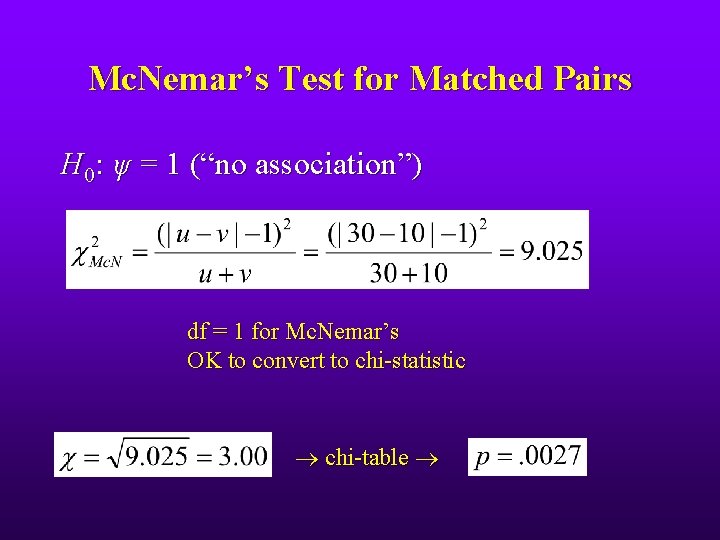 Mc. Nemar’s Test for Matched Pairs H 0: ψ = 1 (“no association”) df