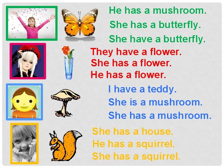 He has a mushroom. She has a butterfly. She have a butterfly. They have