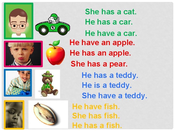 She has a cat. He has a car. He have an apple. He has