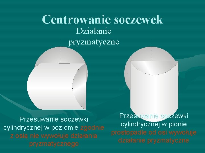 Centrowanie soczewek Działanie pryzmatyczne Przesuwanie soczewki cylindrycznej w pionie cylindrycznej w poziomie zgodnie prostopadle Centrowanie soczewek Działanie pryzmatyczne Przesuwanie soczewki cylindrycznej w pionie cylindrycznej w poziomie zgodnie prostopadle