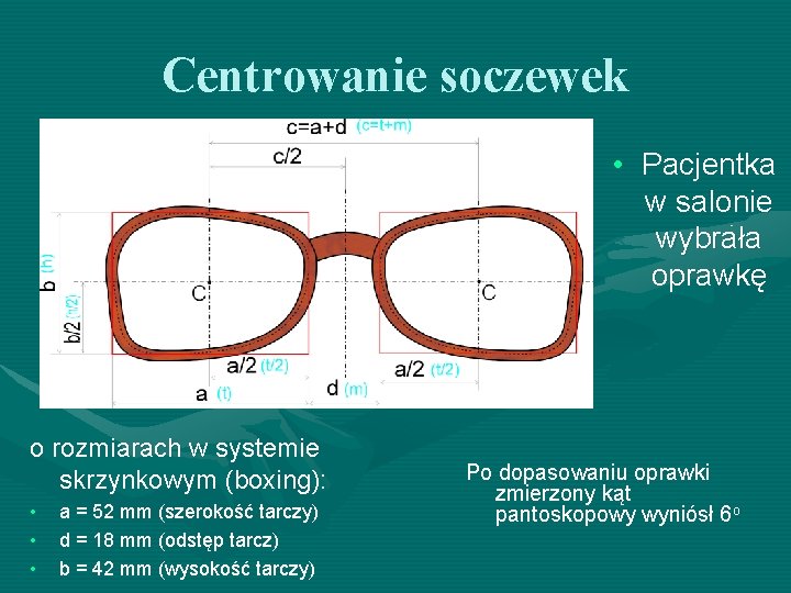 Centrowanie soczewek • Pacjentka w salonie wybrała oprawkę o rozmiarach w systemie skrzynkowym (boxing): Centrowanie soczewek • Pacjentka w salonie wybrała oprawkę o rozmiarach w systemie skrzynkowym (boxing):