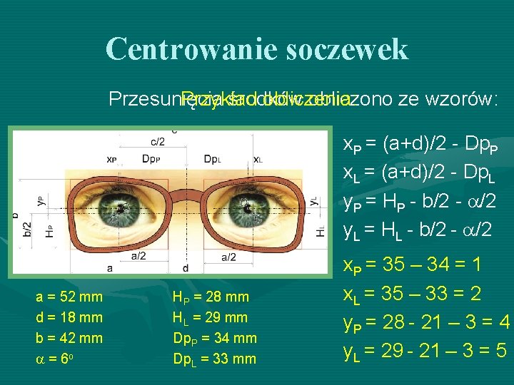 Centrowanie soczewek Przesunięcia Przykład środków obliczenia: obliczono ze wzorów: x. P = (a+d)/2 - Centrowanie soczewek Przesunięcia Przykład środków obliczenia: obliczono ze wzorów: x. P = (a+d)/2 -
