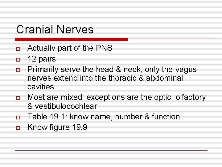 Cranial Nerves o o o Actually part of the PNS 12 pairs Primarily serve