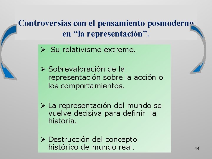 Controversias con el pensamiento posmoderno en “la representación”. Ø Su relativismo extremo. Ø Sobrevaloración Controversias con el pensamiento posmoderno en “la representación”. Ø Su relativismo extremo. Ø Sobrevaloración