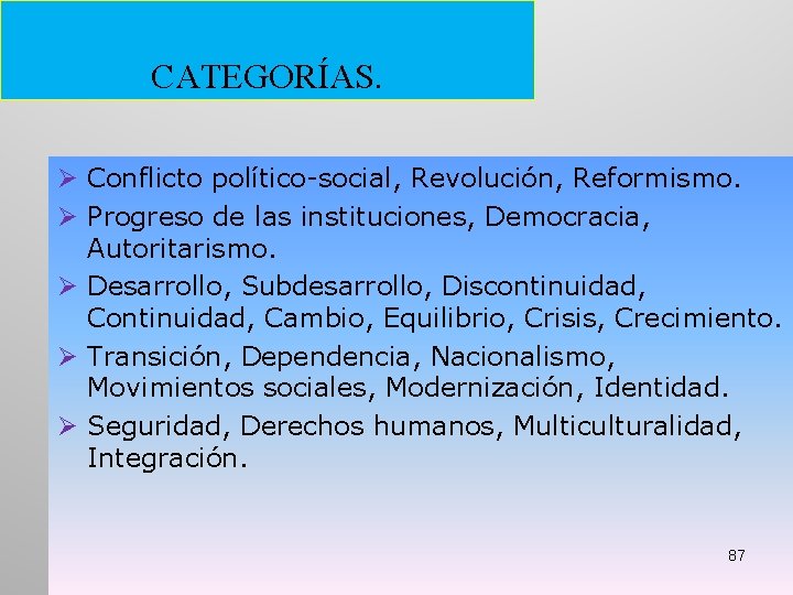 CATEGORÍAS. Ø Conflicto político-social, Revolución, Reformismo. Ø Progreso de las instituciones, Democracia, Autoritarismo. Ø CATEGORÍAS. Ø Conflicto político-social, Revolución, Reformismo. Ø Progreso de las instituciones, Democracia, Autoritarismo. Ø