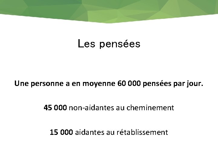 Les pensées Une personne a en moyenne 60 000 pensées par jour. 45 000