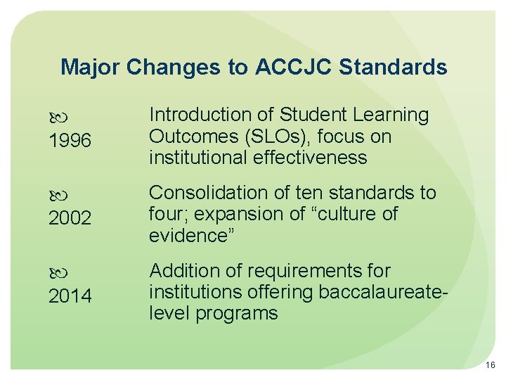 Major Changes to ACCJC Standards 1996 Introduction of Student Learning Outcomes (SLOs), focus on
