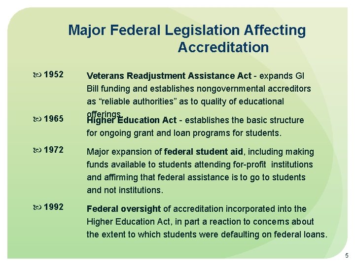 Major Federal Legislation Affecting Accreditation 1952 1965 Veterans Readjustment Assistance Act - expands GI