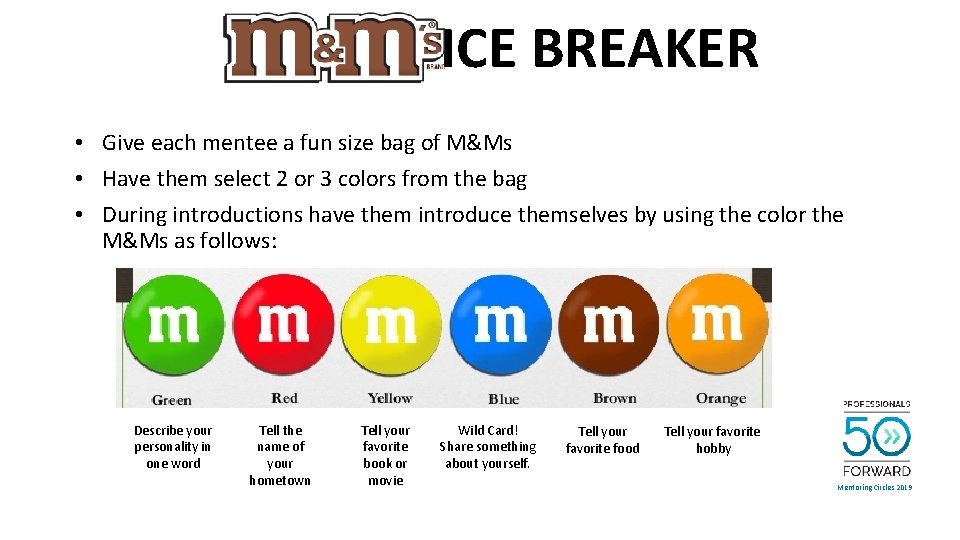 ICE BREAKER • Give each mentee a fun size bag of M&Ms • Have