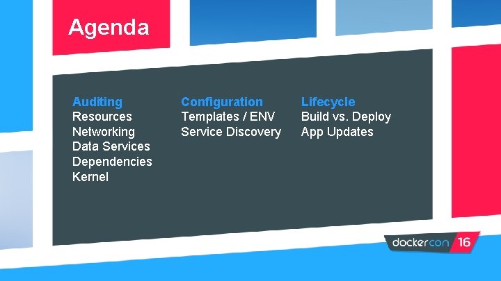 Agenda Auditing Resources Networking Data Services Dependencies Kernel Configuration Templates / ENV Service Discovery