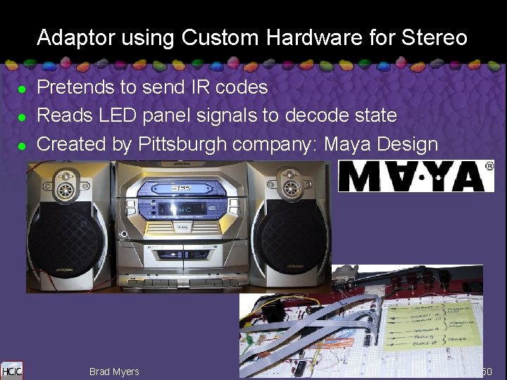 Adaptor using Custom Hardware for Stereo l l l Pretends to send IR codes