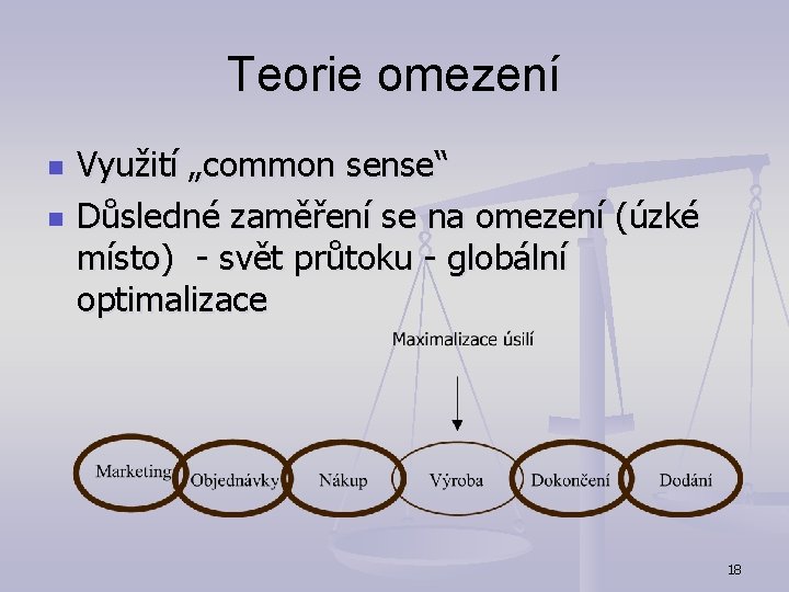 Teorie omezení n n Využití „common sense“ Důsledné zaměření se na omezení (úzké místo) Teorie omezení n n Využití „common sense“ Důsledné zaměření se na omezení (úzké místo)