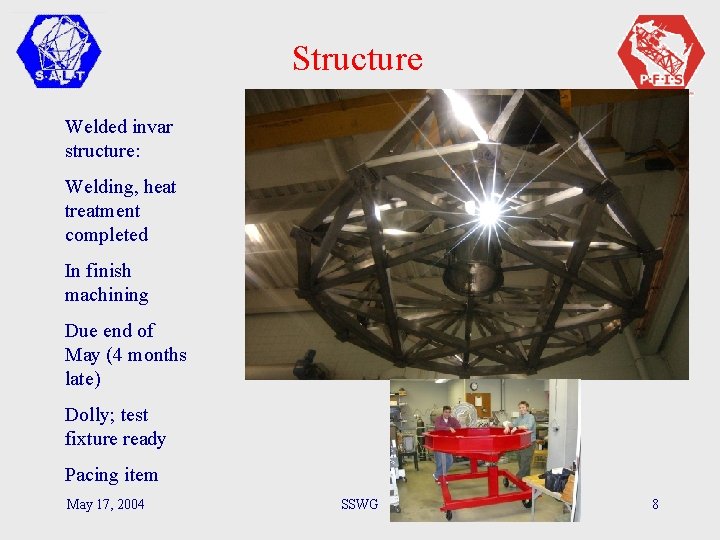 Structure Welded invar structure: Welding, heat treatment completed In finish machining Due end of