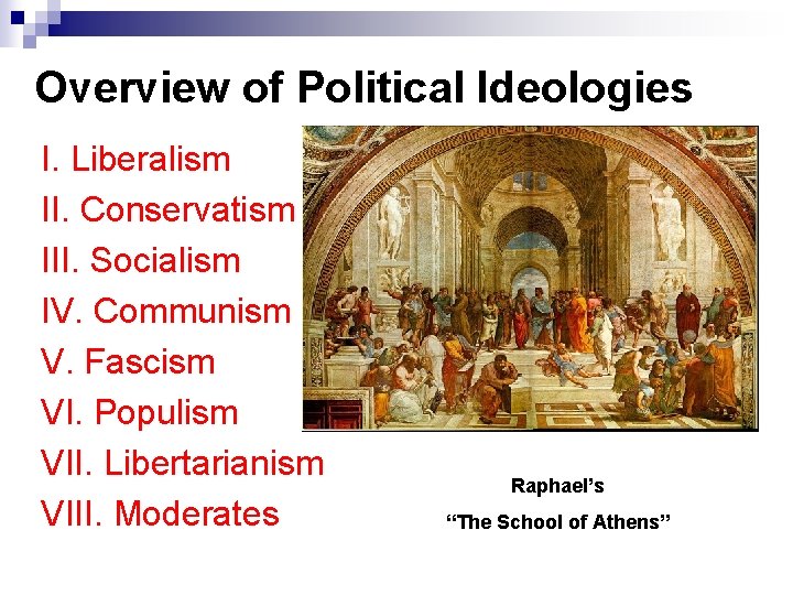 Overview of Political Ideologies I. Liberalism II. Conservatism III. Socialism IV. Communism V. Fascism