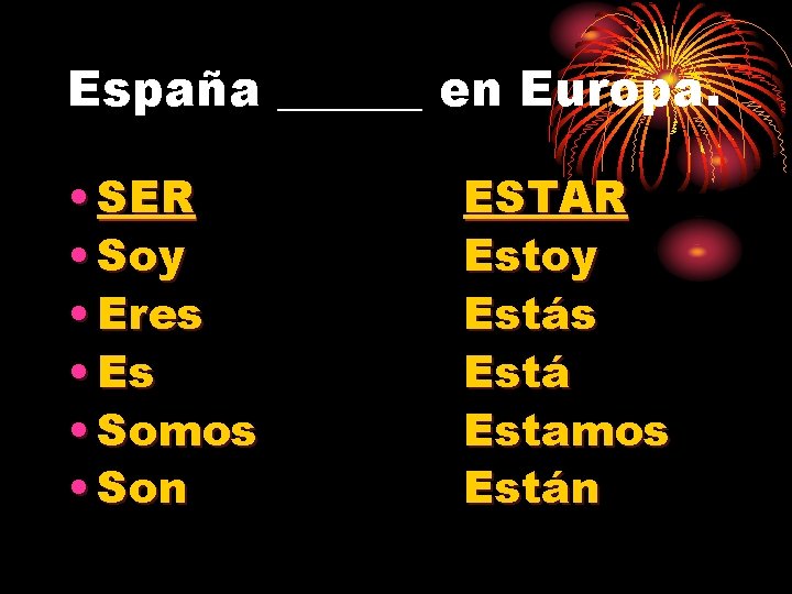 España ______ en Europa. • SER • Soy • Eres • Es • Somos