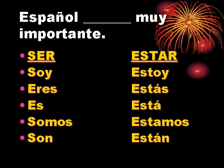 Español _______ muy importante. • SER • Soy • Eres • Es • Somos