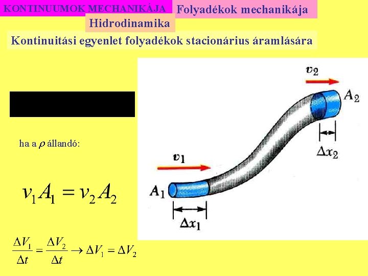 KONTINUUMOK MECHANIKÁJA Folyadékok mechanikája Hidrodinamika Kontinuitási egyenlet folyadékok stacionárius áramlására ha a r állandó: