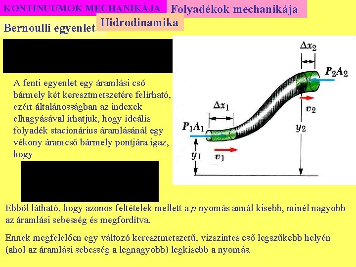 Folyadékok mechanikája Bernoulli egyenlet Hidrodinamika KONTINUUMOK MECHANIKÁJA A fenti egyenlet egy áramlási cső bármely