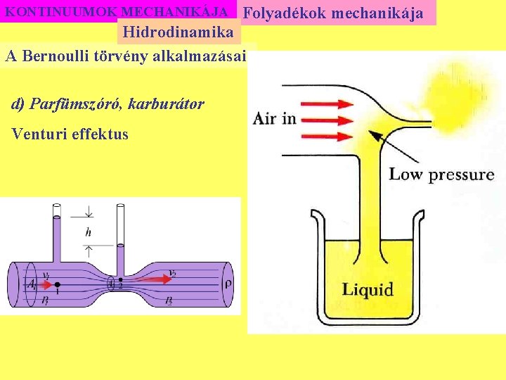 KONTINUUMOK MECHANIKÁJA Folyadékok mechanikája Hidrodinamika A Bernoulli törvény alkalmazásai d) Parfümszóró, karburátor Venturi effektus