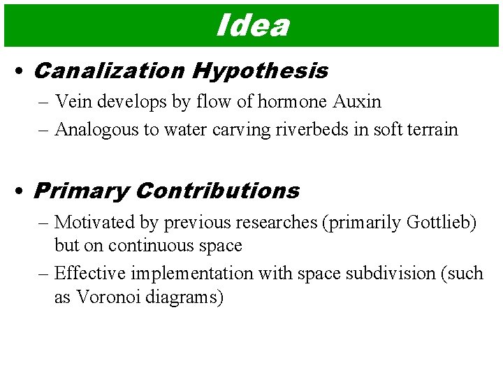 Idea • Canalization Hypothesis – Vein develops by flow of hormone Auxin – Analogous