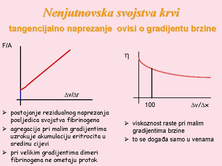 Nenjutnovska svojstva krvi tangencijalno naprezanje ovisi o gradijentu brzine F/A h Dv/Dr Ø postojanje