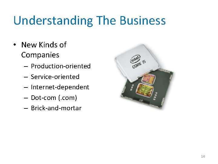 Understanding The Business • New Kinds of Companies – – – Production-oriented Service-oriented Internet-dependent