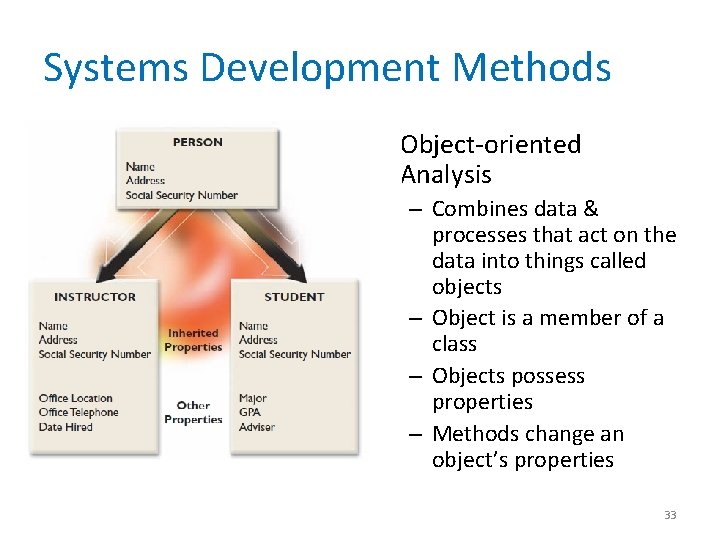 Systems Development Methods • Object-oriented Analysis – Combines data & processes that act on