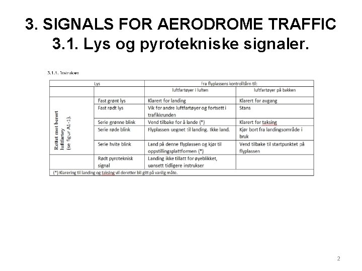 3. SIGNALS FOR AERODROME TRAFFIC 3. 1. Lys og pyrotekniske signaler. 2 