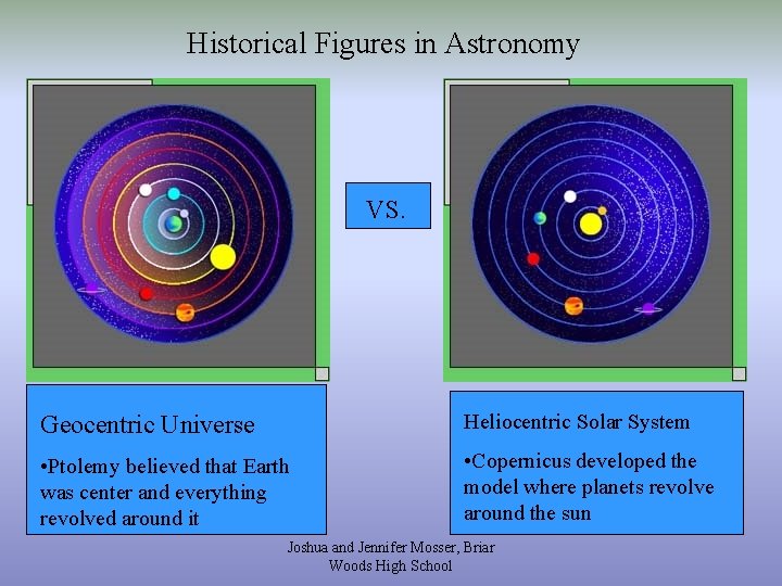 Historical Figures in Astronomy VS. Geocentric Universe Heliocentric Solar System • Ptolemy believed that