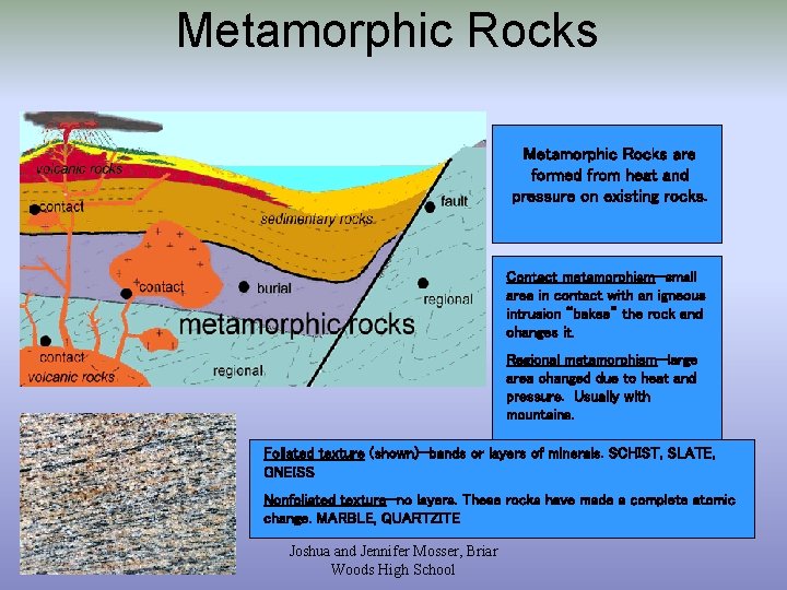 Metamorphic Rocks are formed from heat and pressure on existing rocks. Contact metamorphism—small area