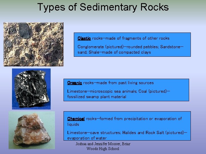 Types of Sedimentary Rocks Clastic rocks—made of fragments of other rocks Conglomerate (pictured)—rounded pebbles;