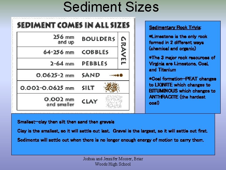 Sediment Sizes Sedimentary Rock Trivia: *Limestone is the only rock formed in 2 different