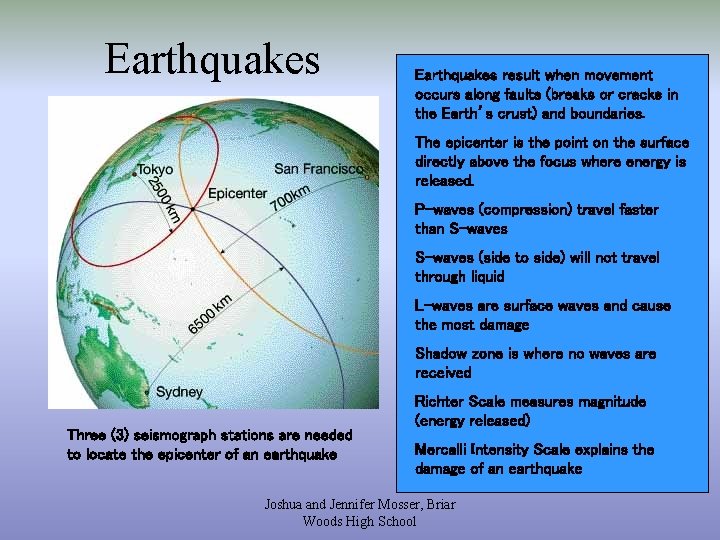 Earthquakes result when movement occurs along faults (breaks or cracks in the Earth’s crust)