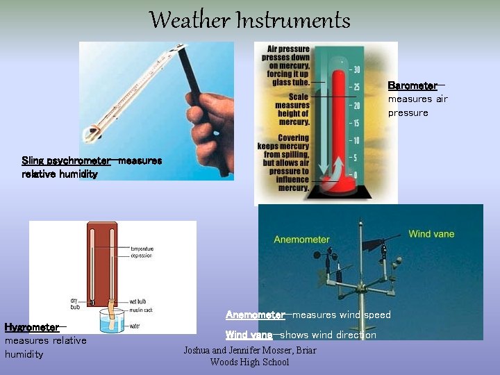 Weather Instruments Barometer— measures air pressure Sling psychrometer—measures relative humidity Anemometer—measures wind speed Hygrometer—