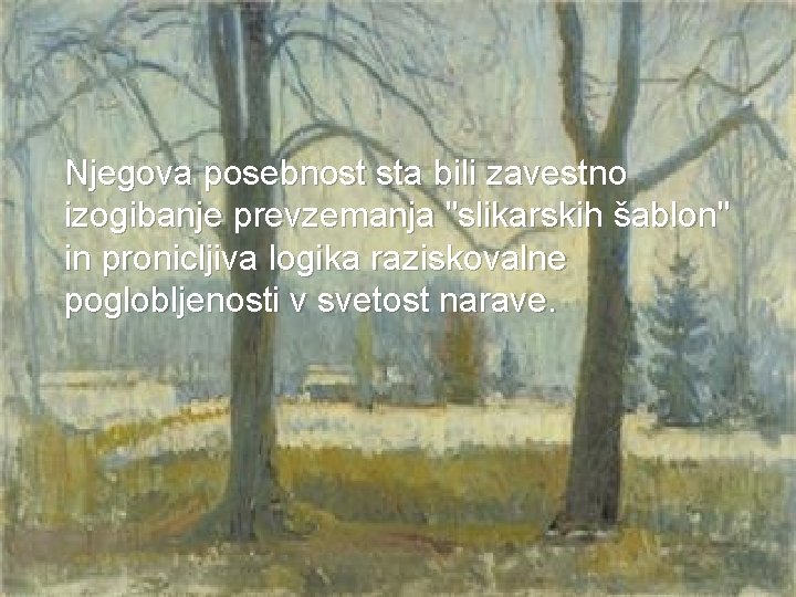  Njegova posebnost sta bili zavestno izogibanje prevzemanja "slikarskih šablon" in pronicljiva logika raziskovalne