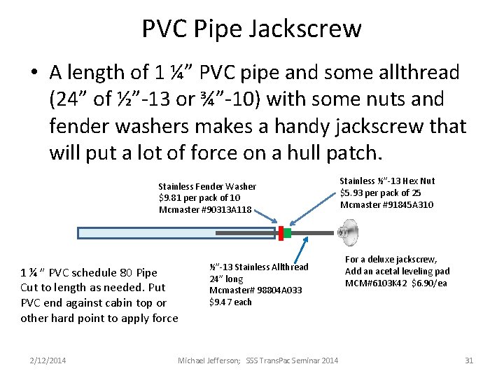 PVC Pipe Jackscrew • A length of 1 ¼” PVC pipe and some allthread PVC Pipe Jackscrew • A length of 1 ¼” PVC pipe and some allthread