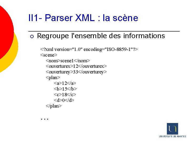 II 1 - Parser XML : la scène ¡ Regroupe l'ensemble des informations <?