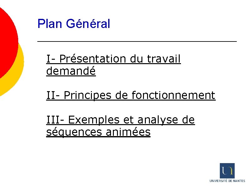 Plan Général I- Présentation du travail demandé II- Principes de fonctionnement III- Exemples et