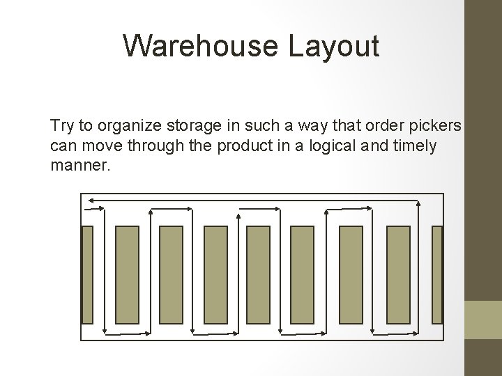 Warehouse Layout Try to organize storage in such a way that order pickers can