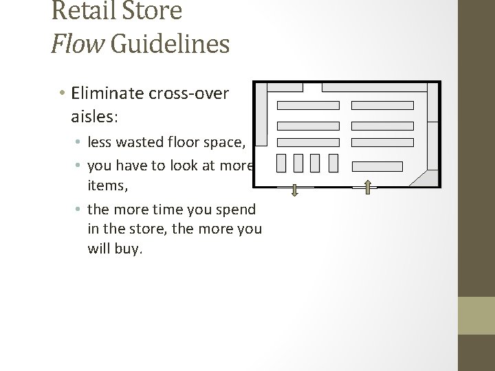 Retail Store Flow Guidelines • Eliminate cross-over aisles: • less wasted floor space, •