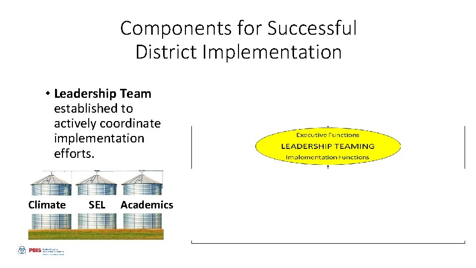 Components for Successful District Implementation • Leadership Team established to actively coordinate implementation efforts.