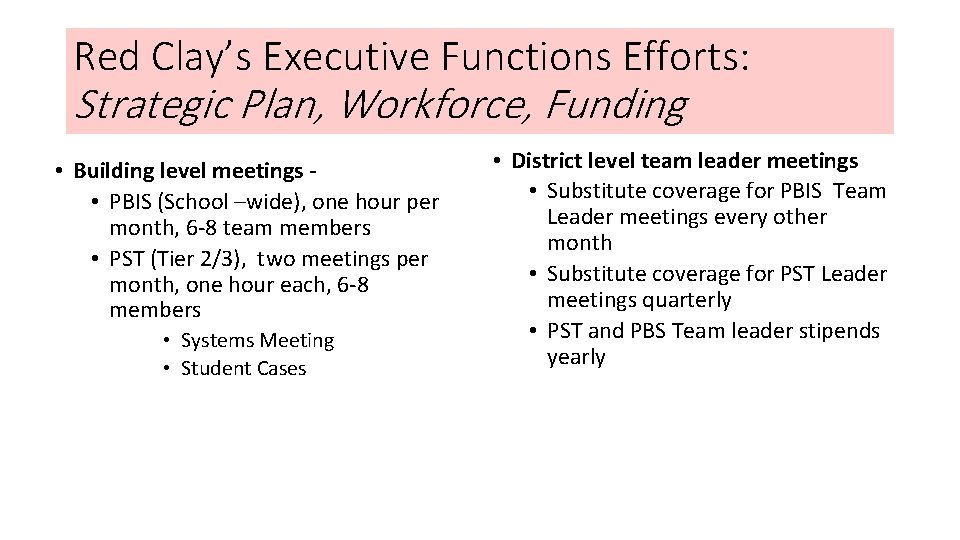 Red Clay’s Executive Functions Efforts: Strategic Plan, Workforce, Funding • Building level meetings -