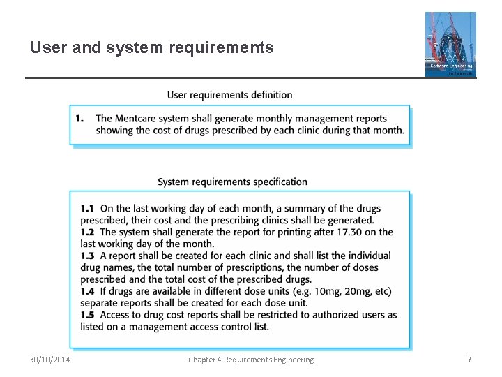 User and system requirements 30/10/2014 Chapter 4 Requirements Engineering 7 