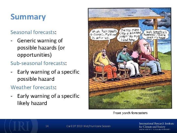 Summary Seasonal forecasts: - Generic warning of possible hazards (or opportunities) Sub-seasonal forecasts: -
