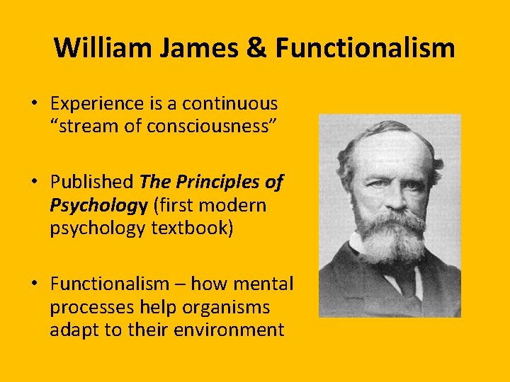 William James & Functionalism • Experience is a continuous “stream of consciousness” • Published