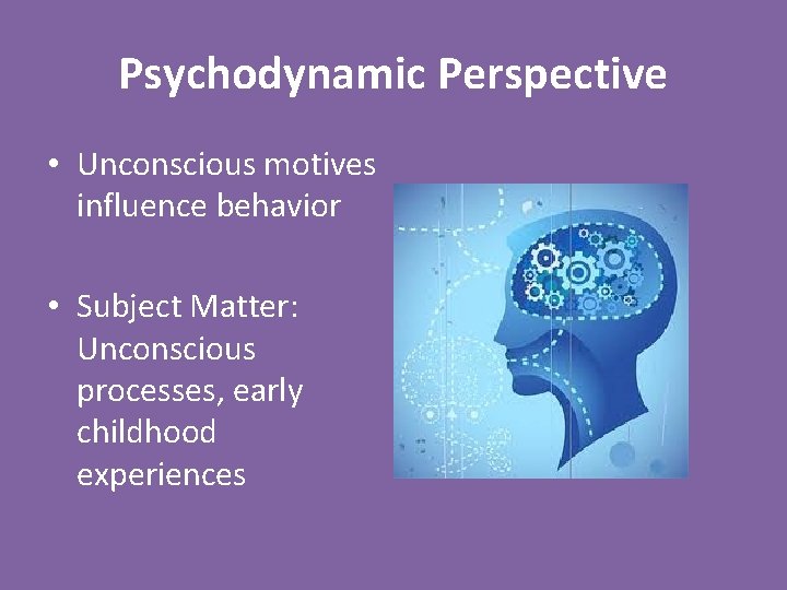 Psychodynamic Perspective • Unconscious motives influence behavior • Subject Matter: Unconscious processes, early childhood
