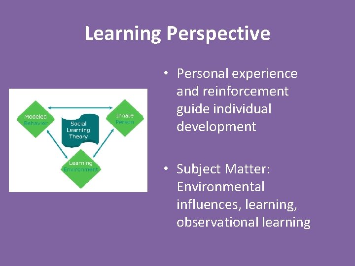 Learning Perspective • Personal experience and reinforcement guide individual development • Subject Matter: Environmental