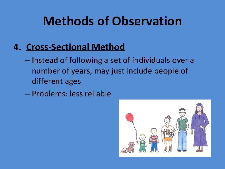 Methods of Observation 4. Cross-Sectional Method – Instead of following a set of individuals