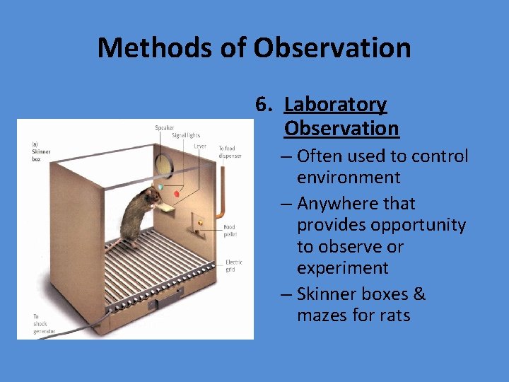 Methods of Observation 6. Laboratory Observation – Often used to control environment – Anywhere