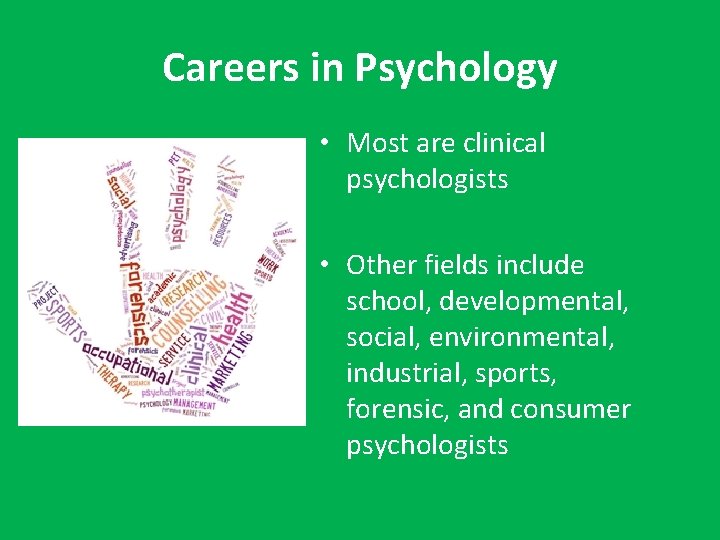 Careers in Psychology • Most are clinical psychologists • Other fields include school, developmental,